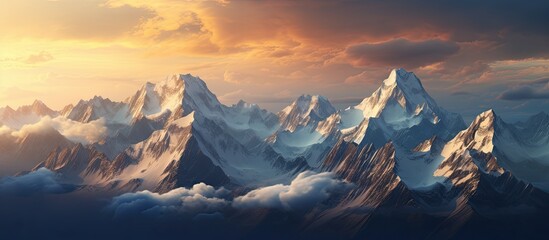 A captivating mountain range at sunset with snow capped peaks shining in golden light against a...