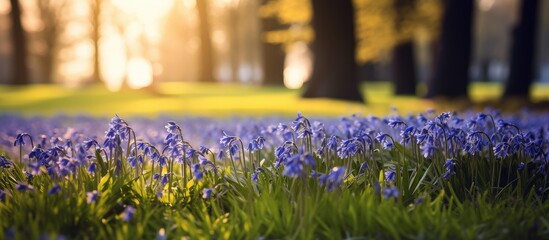 Spring in Lodz park features a vibrant landscape painted with siberian squill a charming blue flower creating a picturesque scene perfect for a copy space image