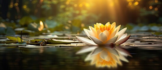 Water Lily illuminated by sunlight with a serene background and copy space image
