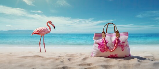 Summer vacation concept with a beach bag packed with accessories and a charming inflatable flamingo on a tropical beach ideal for relaxation and creating memories Copy space image