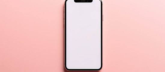 Phone with a blank white screen displayed against a soft pink backdrop perfect as a copy space image