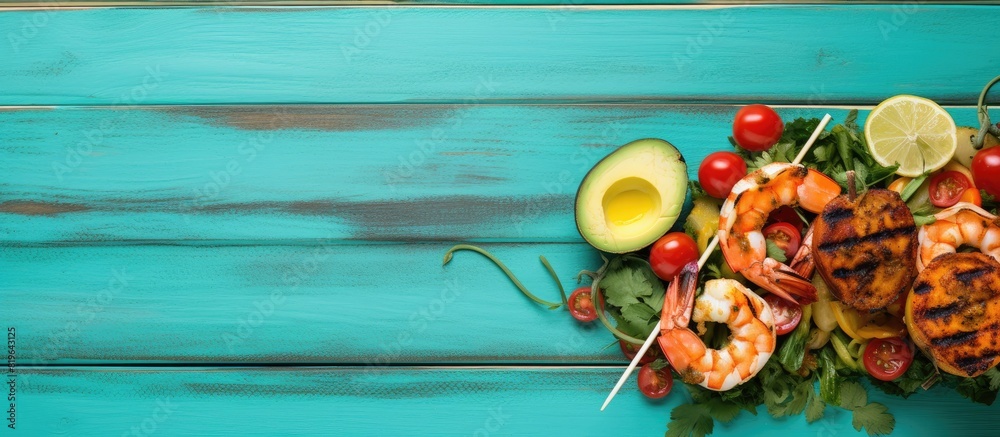 Wall mural Top view of a vibrant Caribbean meal with grilled pineapple shrimp lobster skewers avocado and greens on a turquoise wooden backdrop with copy space image