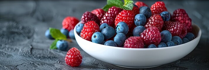 A white bowl brimming with vibrant raspberries and blueberries