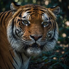Fototapeta premium A close-up of a tiger's piercing eyes in the shadows of the forest.