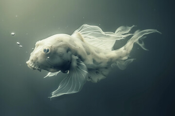 creatures of ai // undiscovered sea creature, albino fish with transparent skin swimming in the dark ocean, translucent, beautiful and scary, photorealistic // ai-generated 