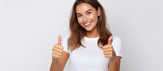 A young attractive woman poses in a casual summer t shirt against a white backdrop smiling happily and gesturing with a thumbs up creating a cheerful atmosphere in a candid shot with copy space image