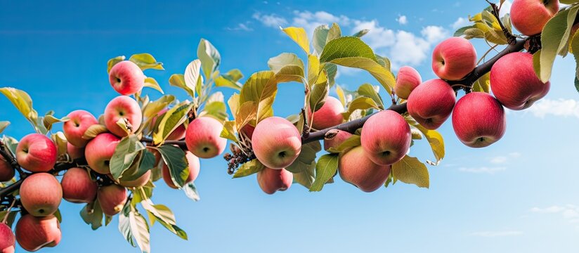 Close up of many paradise apples on a blue sky background with a branch of blurred apples in the backdrop featuring a Chinese Apple fruit with a Malus prunifolia ideal for a copy space image