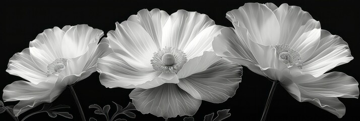Three pristine white flowers contrast against a stark black background