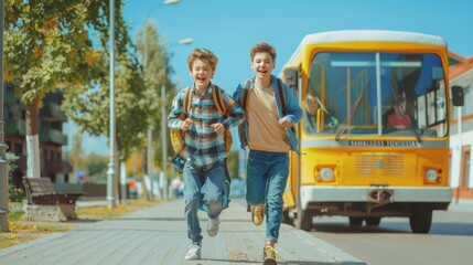 Kids Running by Yellow School Bus on 1st September