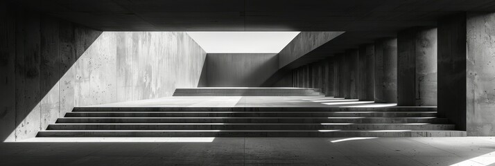 Black and white stairs ascend to a building entrance