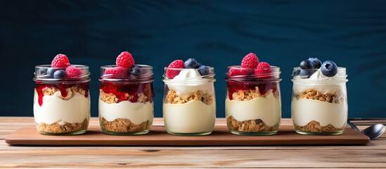 Small jars filled with a berry crumble dessert topped with cream sauce with a beautiful presentation ready for a copy space image - Powered by Adobe