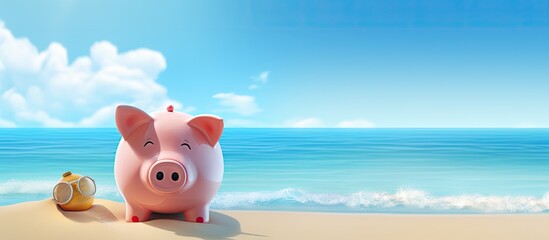 A cheerful piggy bank on a sandy beach with a blue backdrop ideal for illustrating the idea of saving for holiday vacations with space for copies. Copy space image. Place for adding text and design