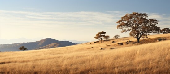 Serene hillside with dry grass and scattered trees in the sunlight featuring copy space image