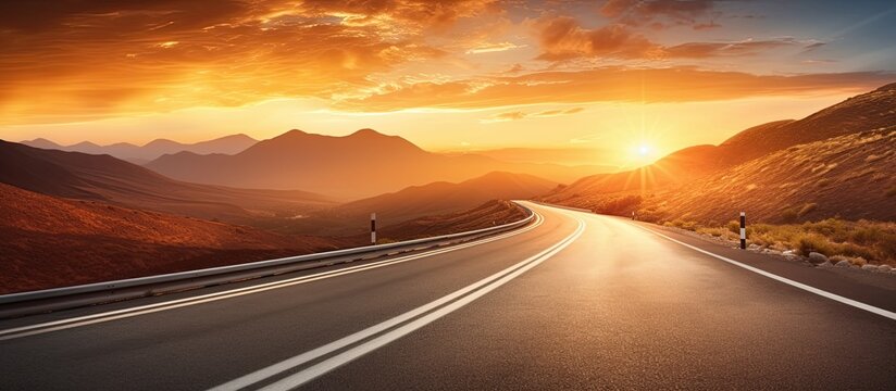 Long empty mountain road under a bright sunset on a sunny summer day with a speed motion blur effect ideal for a copy space image