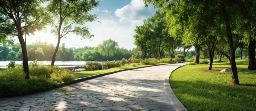 A picturesque path in a town park setting featuring a scenic background with a clear path ahead in the copy space image