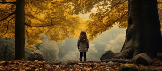 A girl standing by a beech tree with a view in the forest with a copy space image available