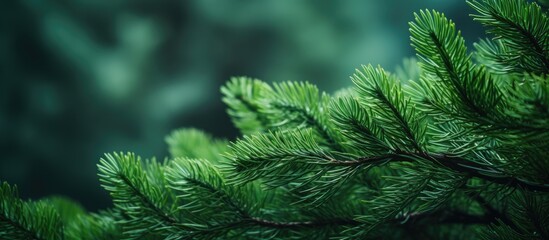 Fluffy evergreen coniferous tree leaves against a copy space image