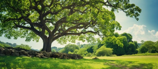 Fototapeta premium Ancient tree stands secluded behind a lush hedgerow in a serene public park on a sunny day with ample copy space image
