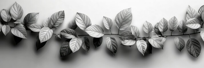 Black and white image of leaves hanging from a branch