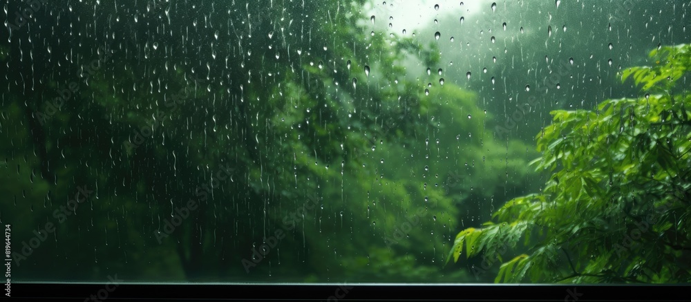 Poster rain is falling outside the window creating a lush green backdrop in the copy space image