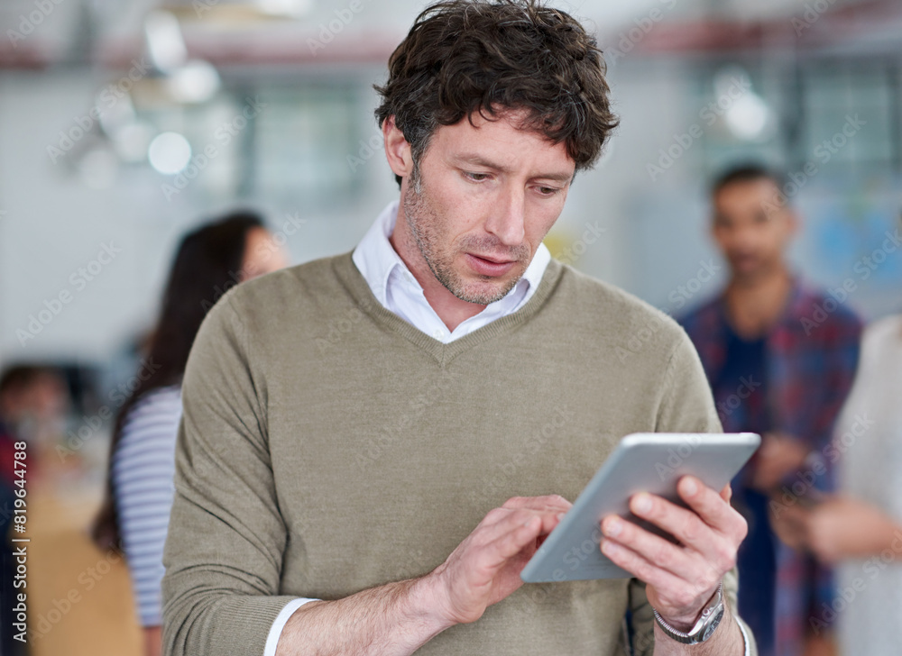 Poster creative, man and online with tablet in office for web design or development for startup agency, bus