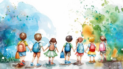 Fototapeta premium Watercolor School Banner with Happy Kids