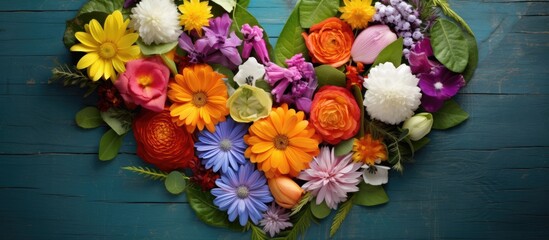 Obraz premium Creative summer love concept depicted by heart shaped arrangement of colorful flowers and leaves perfect for a copy space image