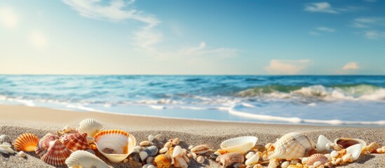 Sandy beach with various shells scattered around creating a picturesque scene with copy space image