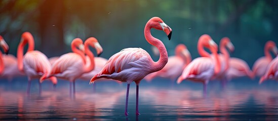 Flamingos from the United States with a vibrant pink hue are standout with their unique appearance often seen in tropical regions copy space image