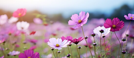 Vibrant cosmos flower in a field with a blurred natural backdrop featured in selective focus copy space image
