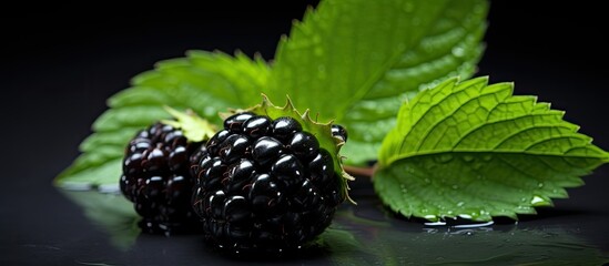 Blackberry on dark background with green leaf ideal for copy space image