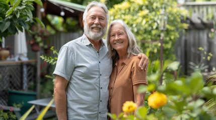 Fototapeta premium An older couple shares a loving gaze as they stand together in their backyard sanctuary.