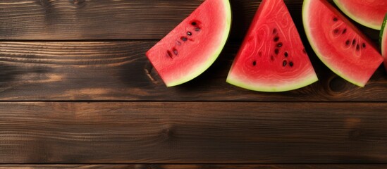 Top view of fresh watermelon slices and chunks displayed on a wooden surface with a rustic appearance creating a picturesque copy space image