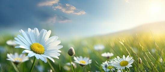 A chamomile on spring on the field. Copy space image. Place for adding text and design