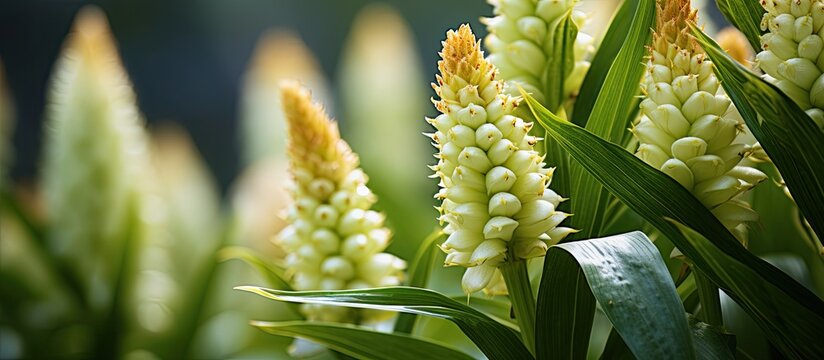 Blooming pineapple lilies eucomis comosa up close with a blurred background for a copy space image
