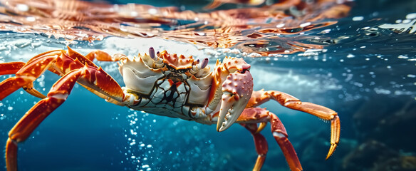 Alaskan giant crabs swim in the vast, clear waters of the sea. T