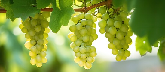 Close up image of green and white grapes on a vine in a grape garden with a shallow depth of field...