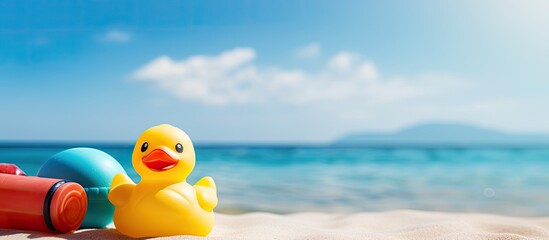 Rubber duck and beach toys on wooden surface with copy space image