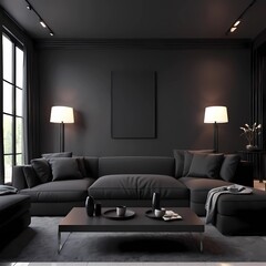 interior of black sofa modern interior the mockup on the wall