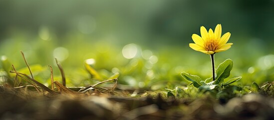 Close up shot of a small aged yellow flower on a grass background with selective focus and shallow depth of field perfect as a copy space image