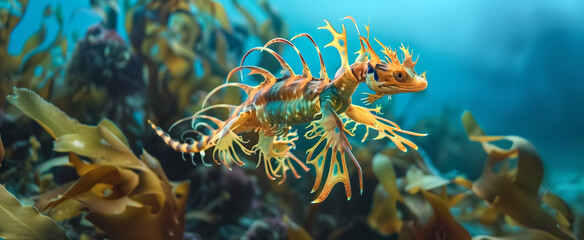 The beautiful color of the leafy sea dragon swims in the vast se