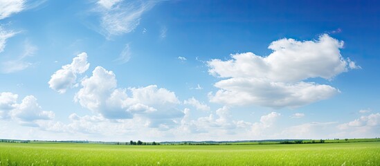 Fototapeta premium During summertime a fluffy white cloud contrasts beautifully against the blue sky over a field creating a peaceful scene with copy space image