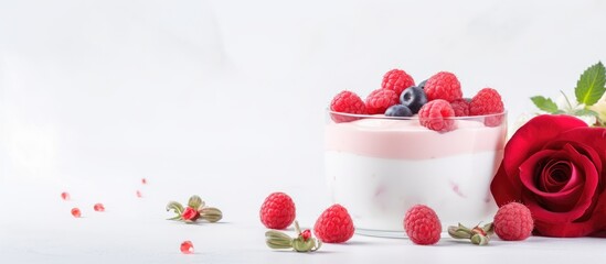 Yogurt and berry dessert with gelatin garnished with raw raspberries and a red rose on a white backdrop a fresh healthy treat with a copy space image