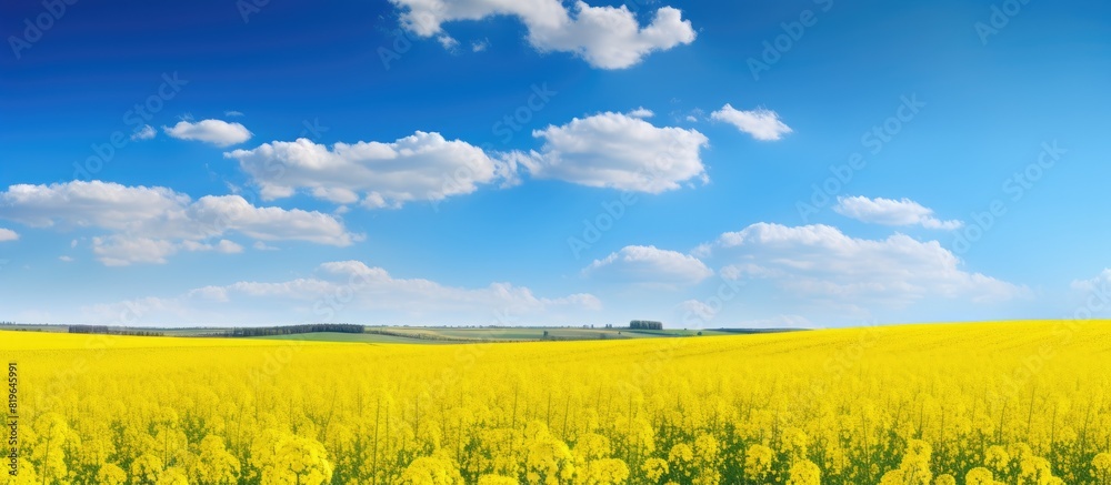 Canvas Prints Bright yellow rapeseed field in spring with blue sky copy space image