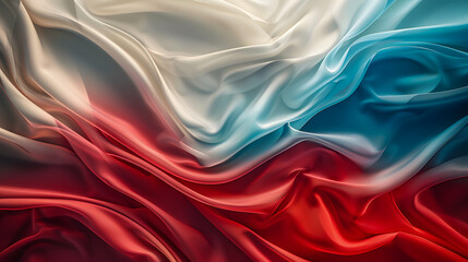 Obraz premium A photographic style of wave-shape background, silk texture, harmonious blend of red, blue, and white. The waves gently flowing across the canvas. Created Using, vibrant color palette, soft lighting