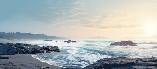 Obraz premium A morning seascape with rocky coast and a copy space image