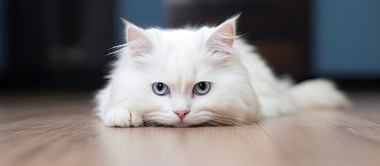 Obraz premium White cat lying on the floor. Copy space image. Place for adding text and design