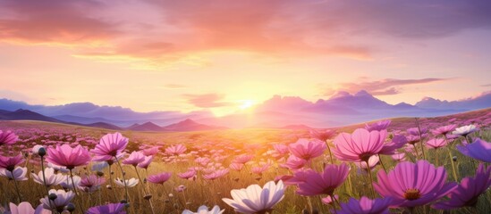 Sunset over a field of flowers with copy space image