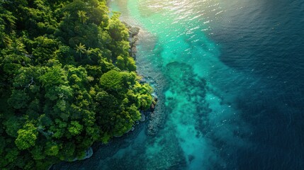Tropical Paradise from Above - Stunning overhead view of a tropical coastline with lush green forest meeting crystal clear blue waters. Perfect for travel and nature themes.