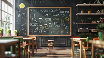 Clean classroom setting with a chalkboard displaying uplifting messages